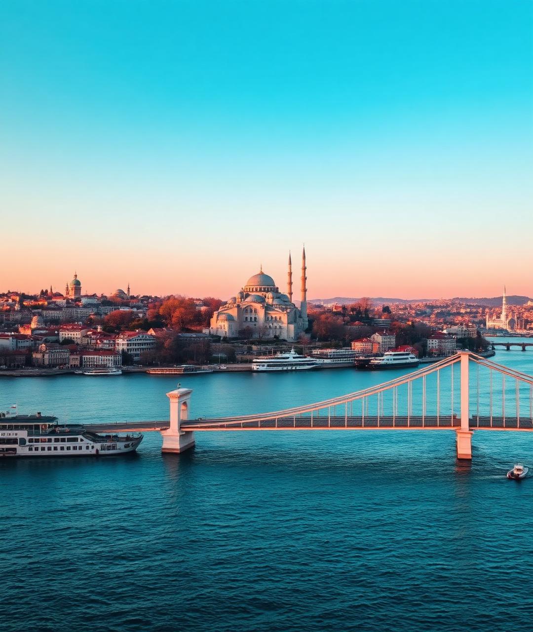 Gün batımında Boğaz, tarihi yarımada ve köprü manzarası